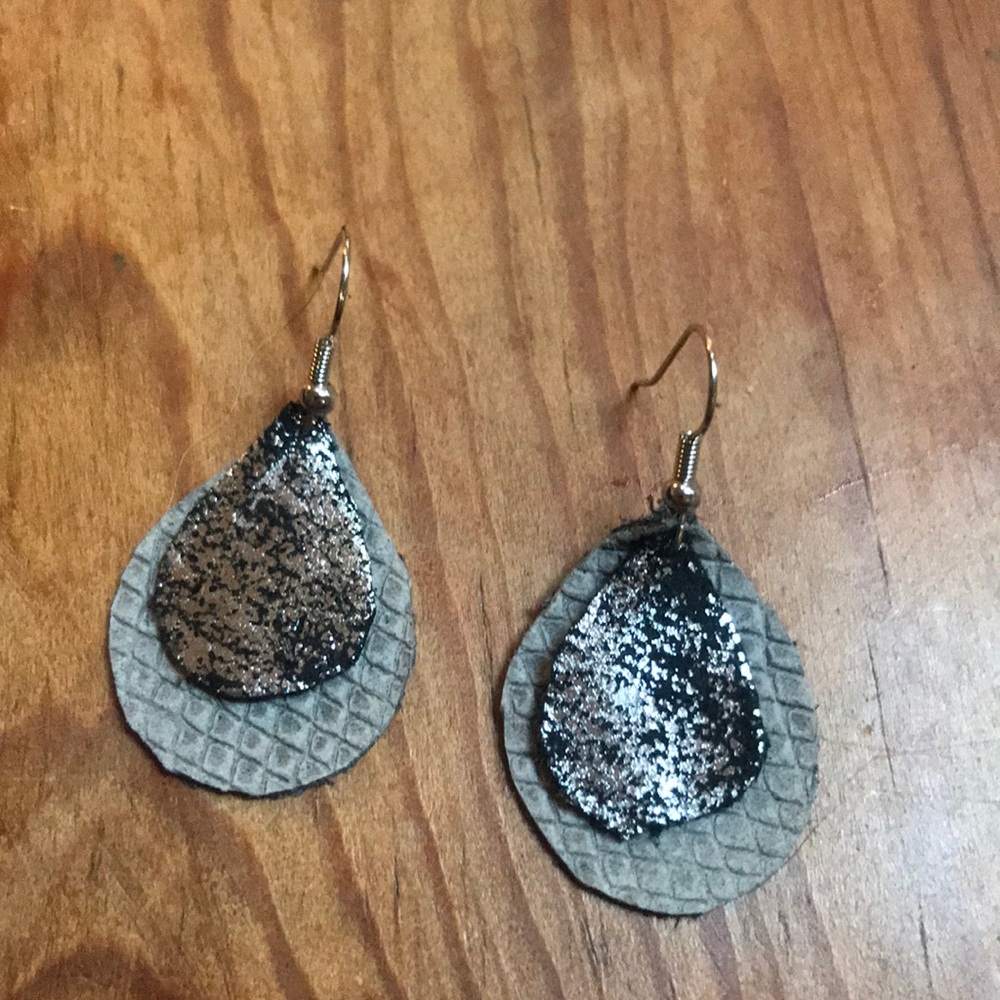Layered black, silver and grey teardrop earrings